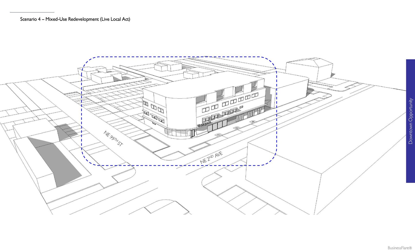 3D feasibility massing for 9900 NE 2nd Avenue — a proposed mixed-use redevelopment scenario for the Village-owned downtown site. BusinessFlare®.