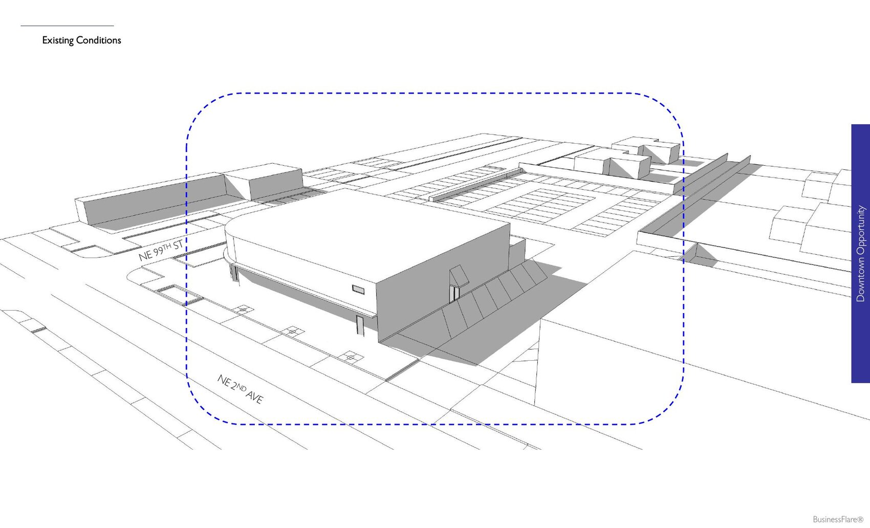Existing-conditions massing of the downtown block, for comparison against the tested scenarios. BusinessFlare®.